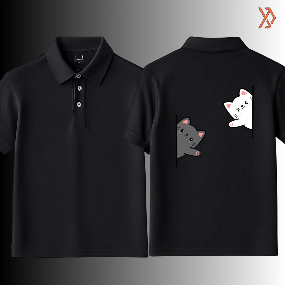 White and Grey Cat Sneaking Graphic Polo Shirt – Cute Minimal Aesthetic Tee