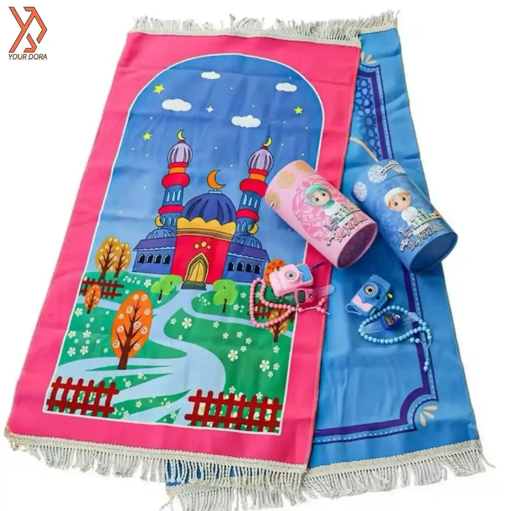 5-in-1 Kids Prayer Mat Gift Set with Money Bank & Digital Tasbeeh | Premium Educational Salah Kit for Ramadan & Eid | YourDora.pk