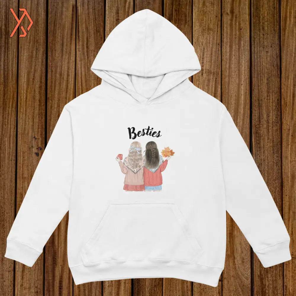 White hoodie with 'Besties' design on a wooden background