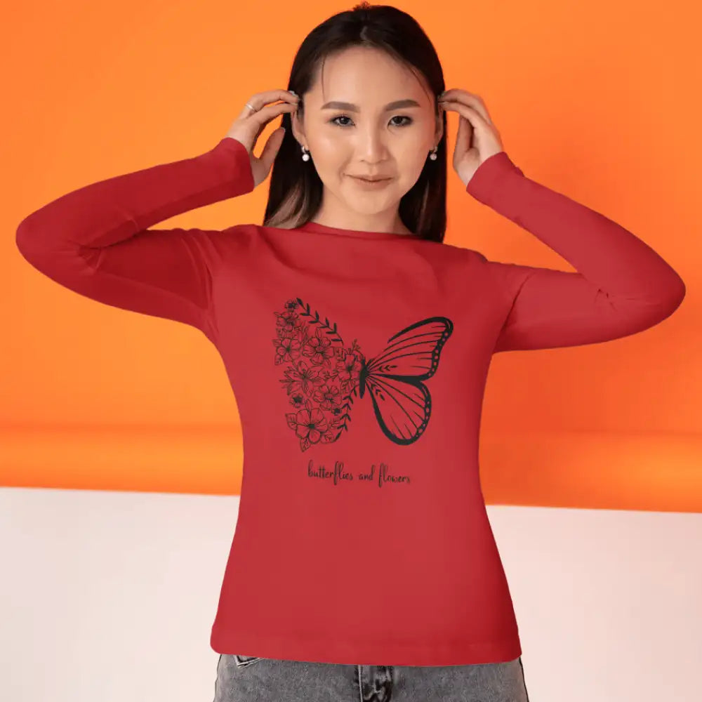 "Butterflies & Flowers" Aesthetic Full Sleeve T-Shirt | YourDora