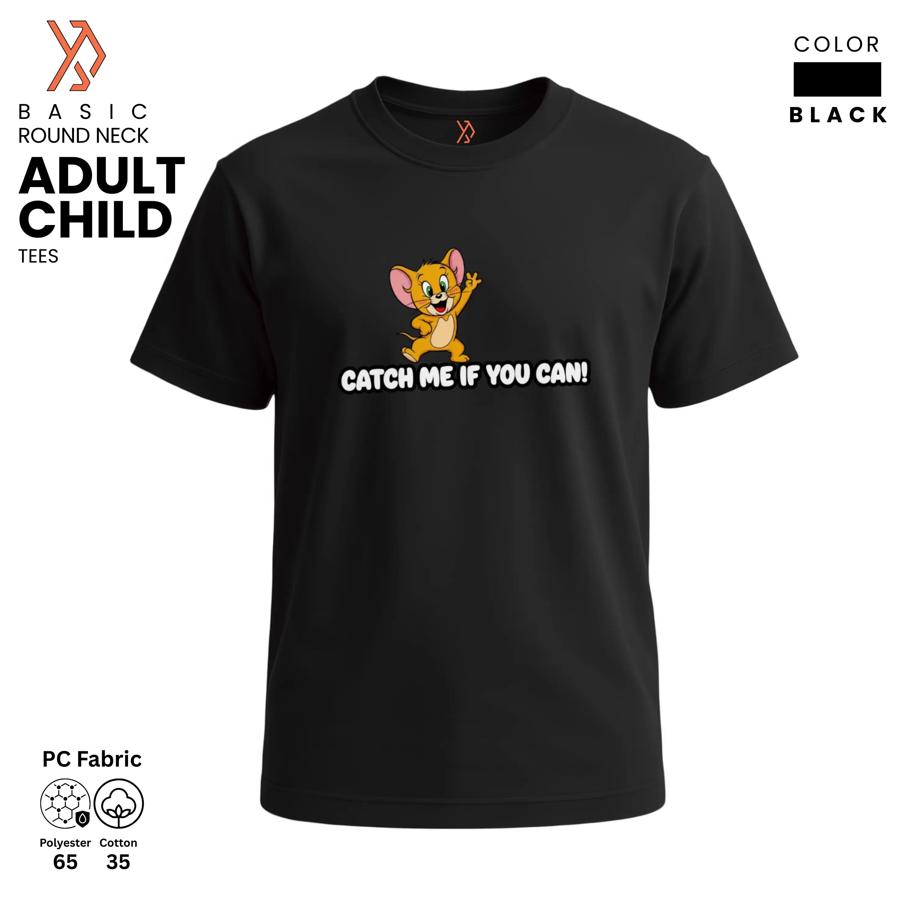 Black t-shirt with cute jerry cartoon character and text 'Catch Me If You Can!' on a white background, yourdora.pk