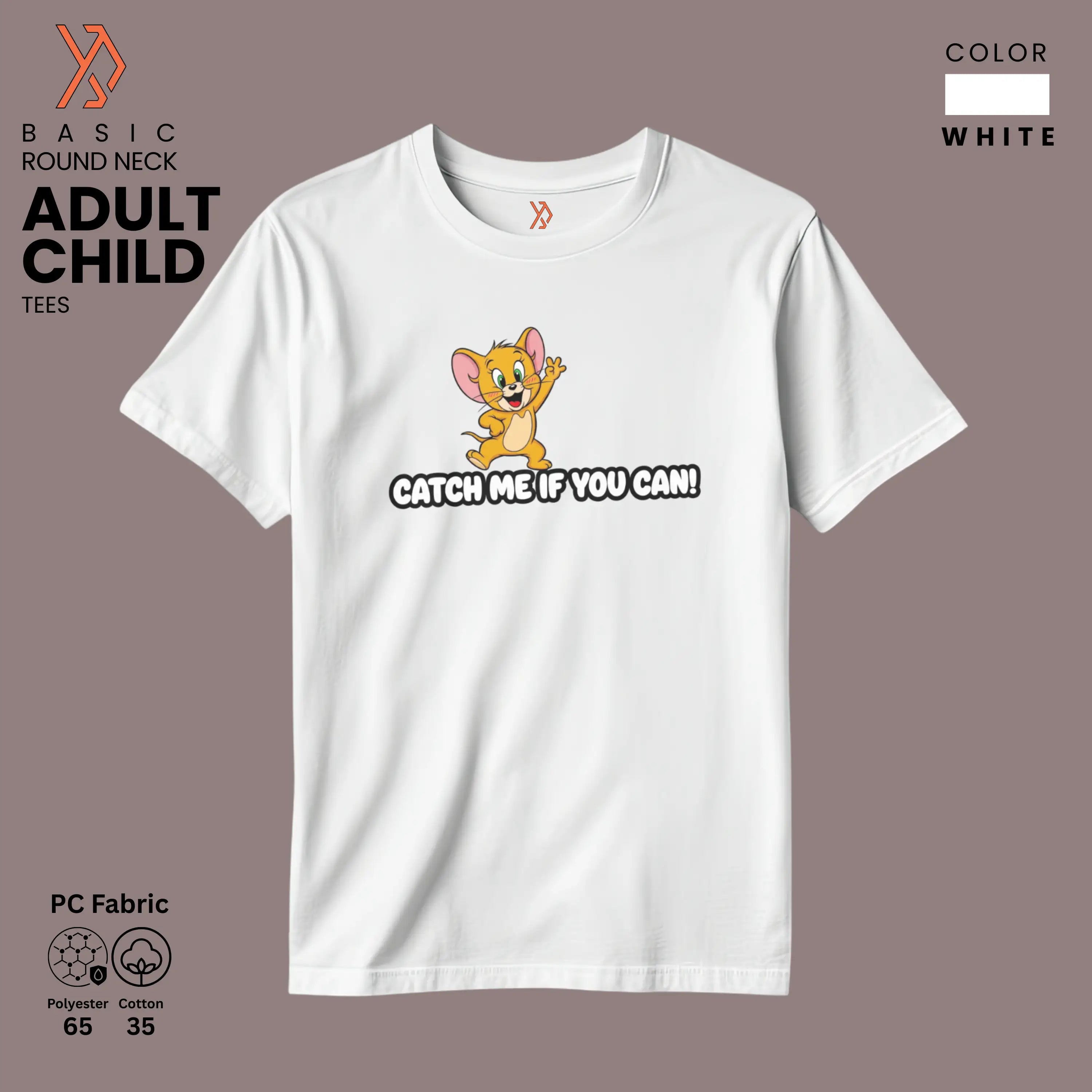 White t-shirt with cute jerry cartoon character and text 'Catch Me If You Can!' on a white background, yourdora.pk
