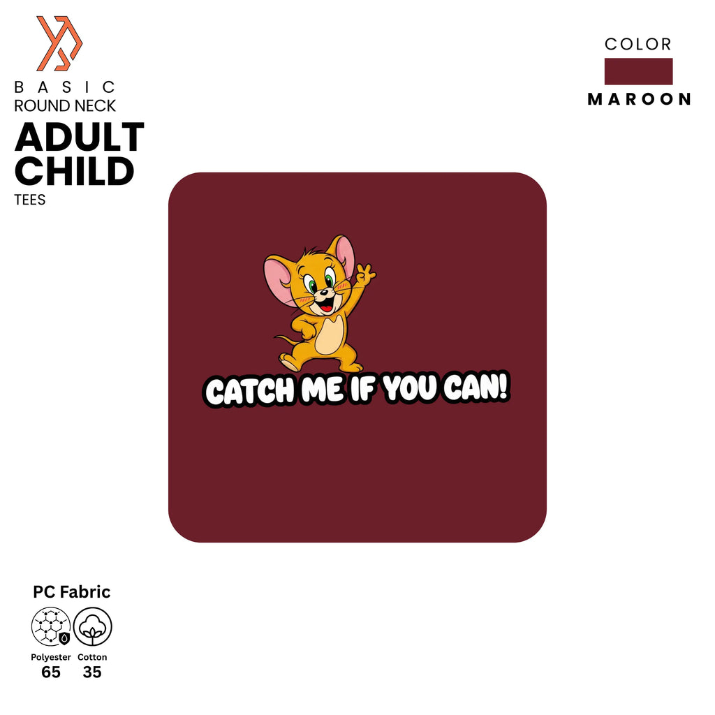 Maroon t-shirt with cute jerry cartoon character and text 'Catch Me If You Can!' on a white background, yourdora.pk