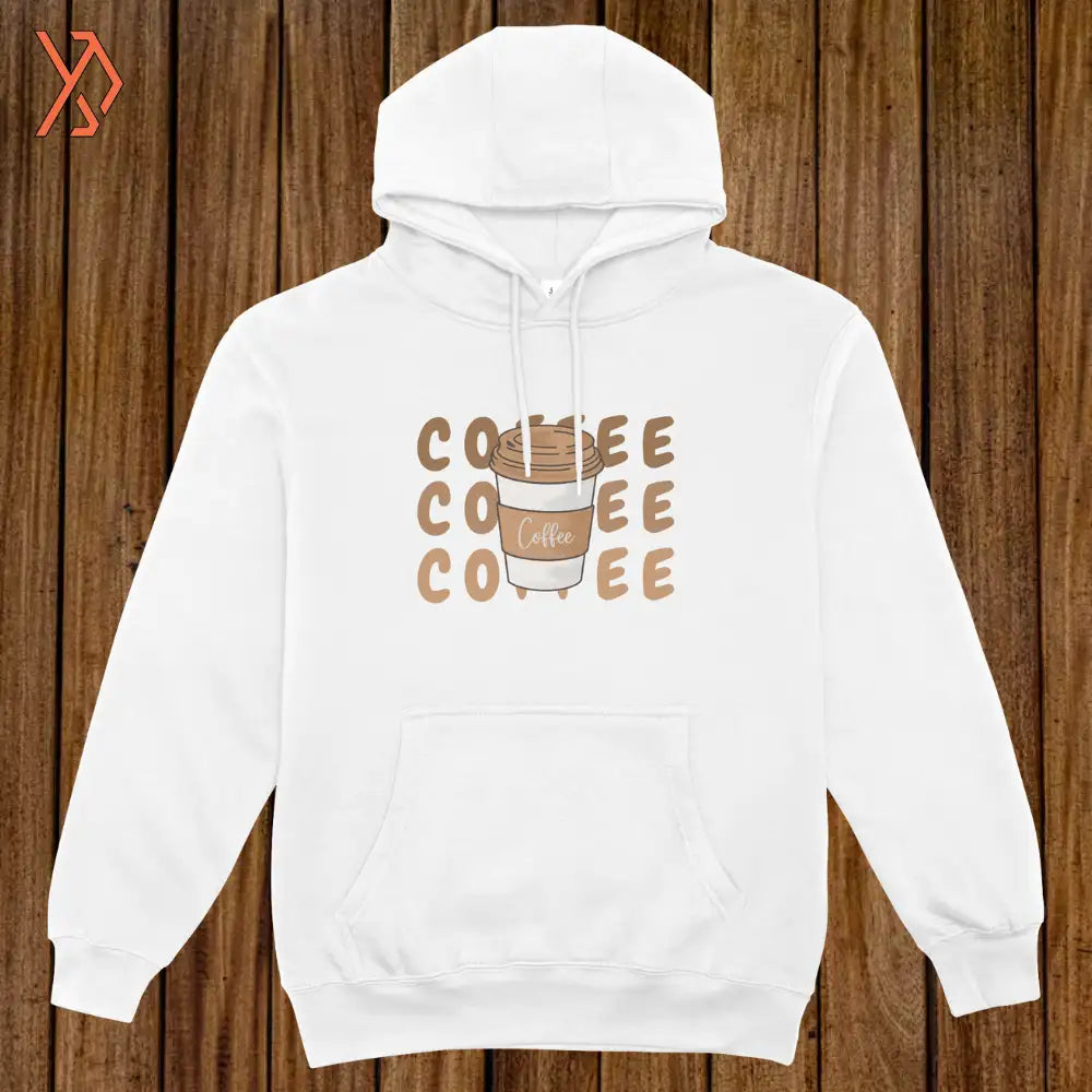 White hoodie with 'COFFEE' text design on a wooden background