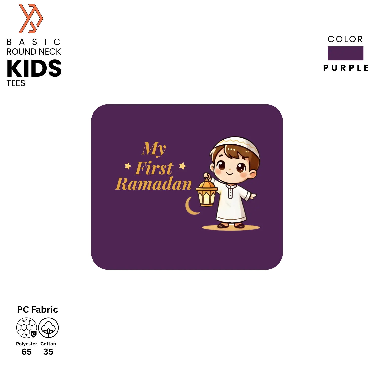 Purple kids t-shirt with cartoon character and 'My First Ramadan' text on a white background
