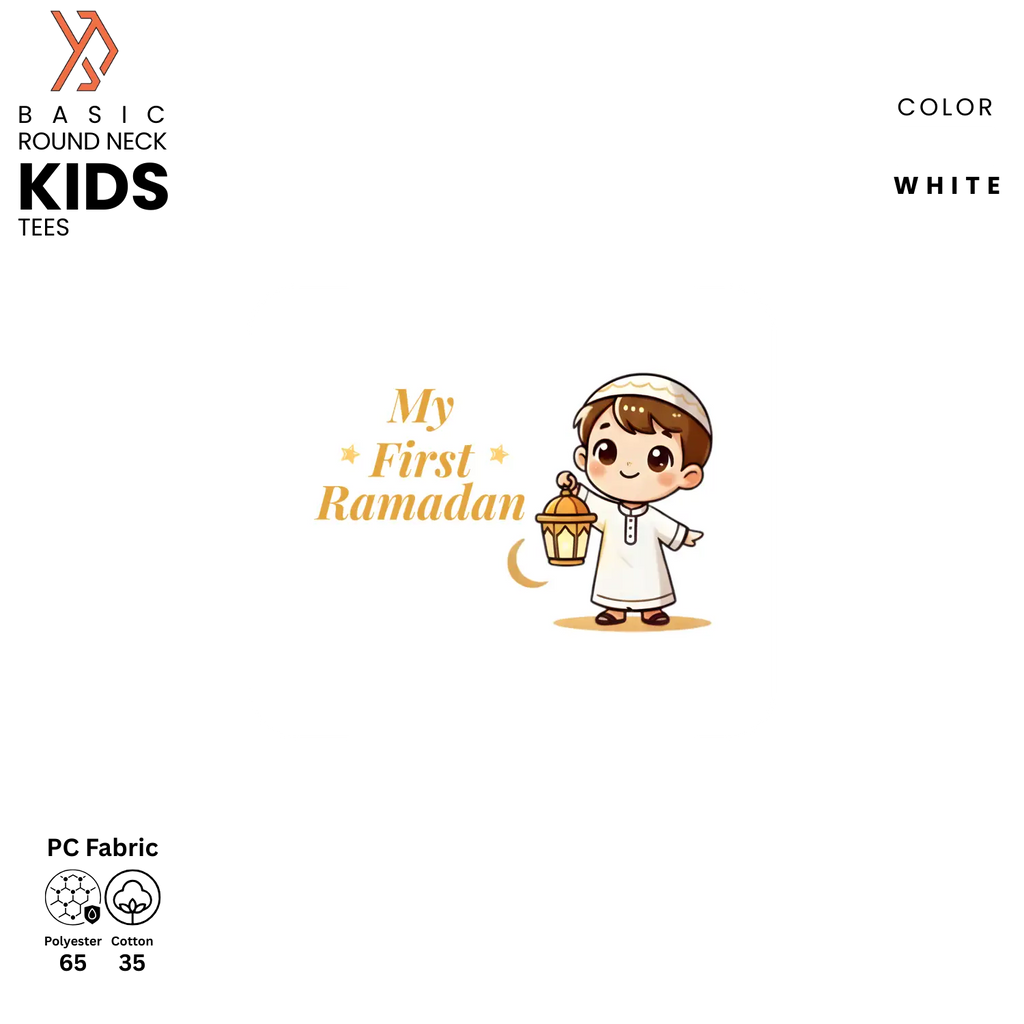 Advertisement for 'My First Ramadan' kids t-shirt with a cartoon child holding a lantern on a white background.