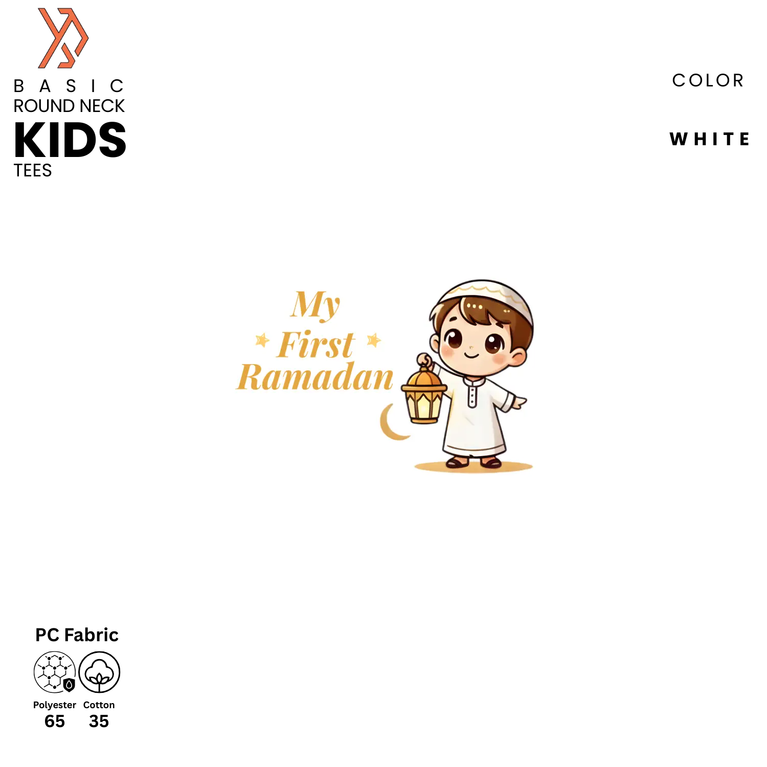 Advertisement for 'My First Ramadan' kids t-shirt with a cartoon child holding a lantern on a white background.