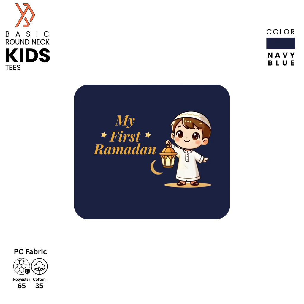 Navy blue kids t-shirt with 'My First Ramadan' design featuring a child holding a lantern.