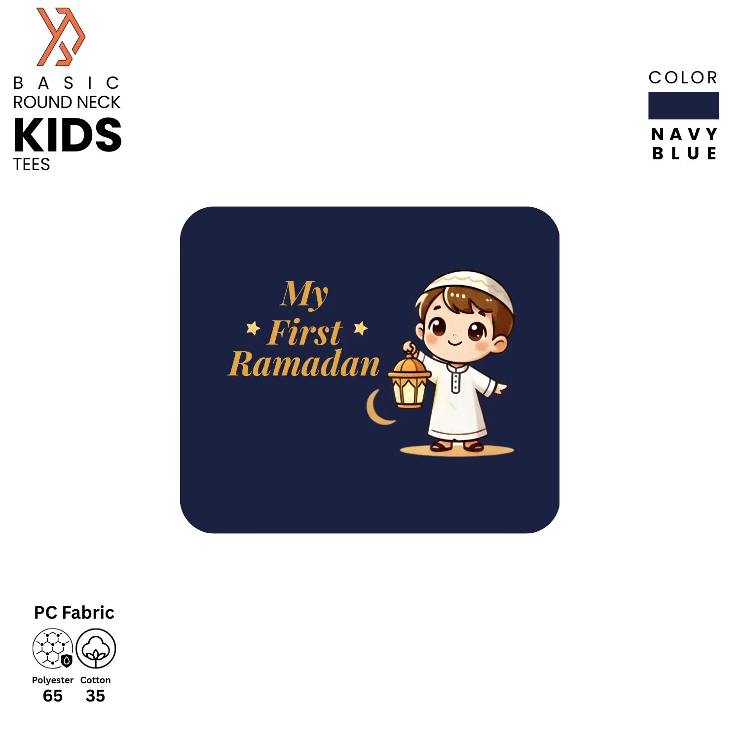 Navy blue kids t-shirt with 'My First Ramadan' design featuring a child holding a lantern.