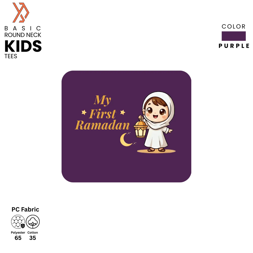 Purple kids t-shirt with 'My First Ramadan' design on a white background