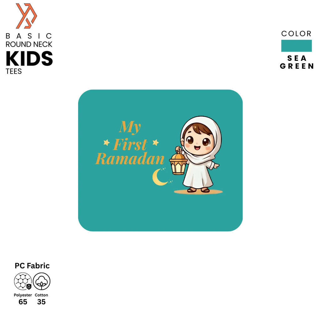 Teal shirt with 'My First Ramadan' text and cartoon character on a white background yourdora.pk
