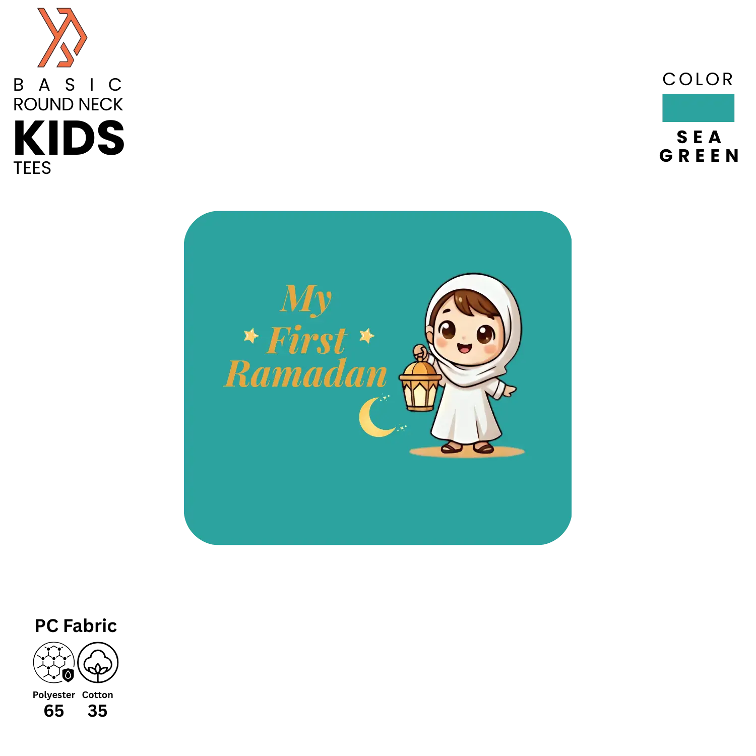 Teal shirt with 'My First Ramadan' text and cartoon character on a white background yourdora.pk