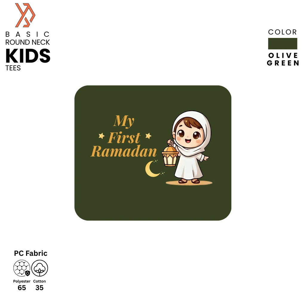 Green kids t-shirt with 'My First Ramadan' design on a white background yourdora.pk