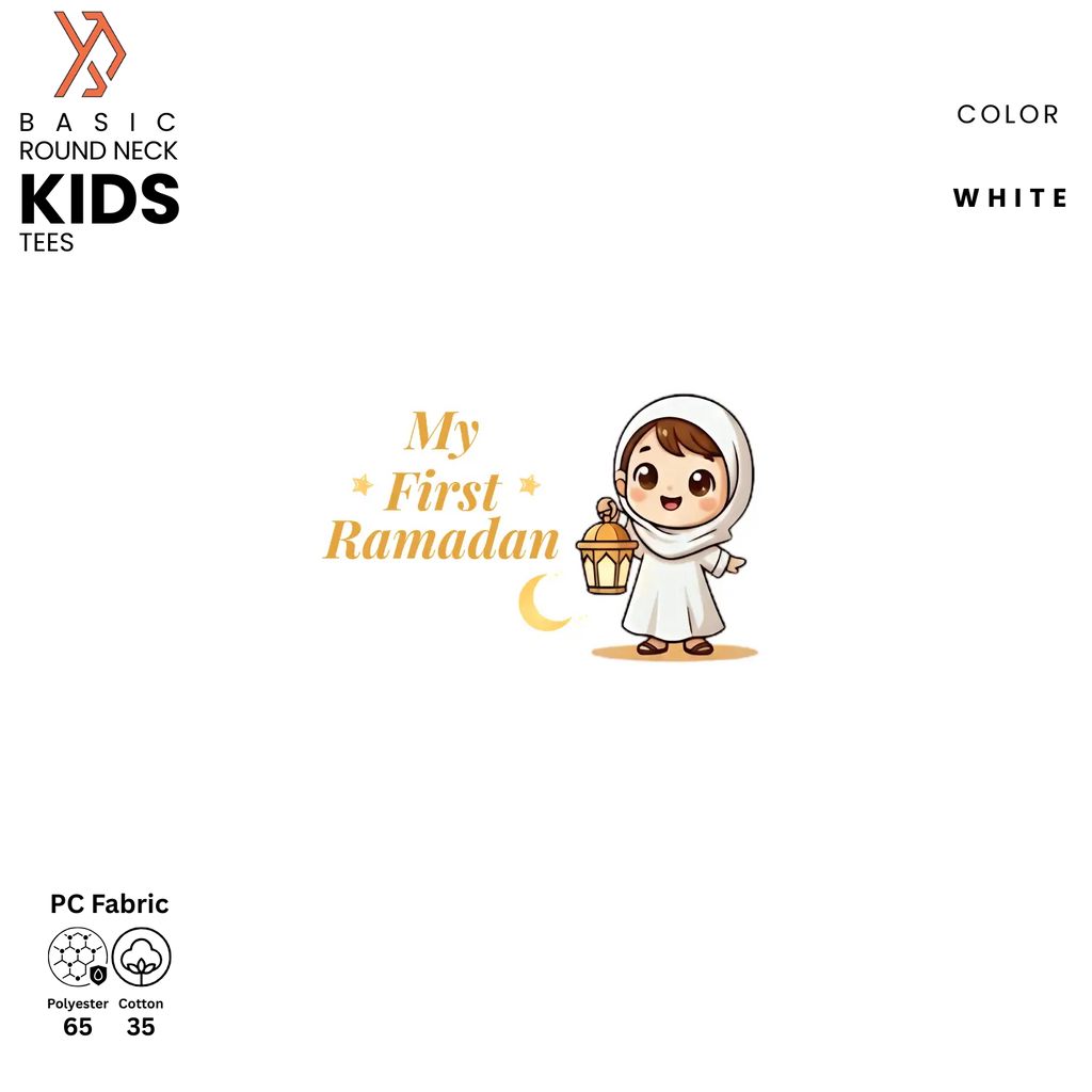Advertisement for 'My First Ramadan' kids tees with a cartoon child holding a lantern on a white background. yourdora.pk
