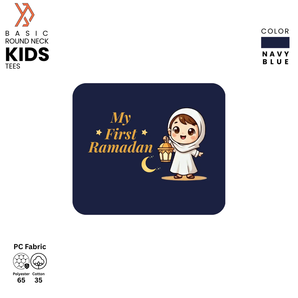 Navy blue kids t-shirt with cartoon character and 'My First Ramadan' text on a white background.