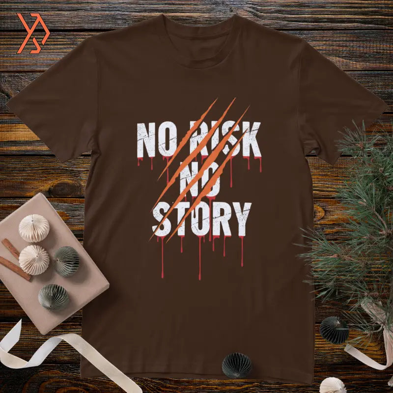 Brown t-shirt with 'No Risk No Story' text with bear scratdesign on a wooden surface with decorative items. yourdora.pk