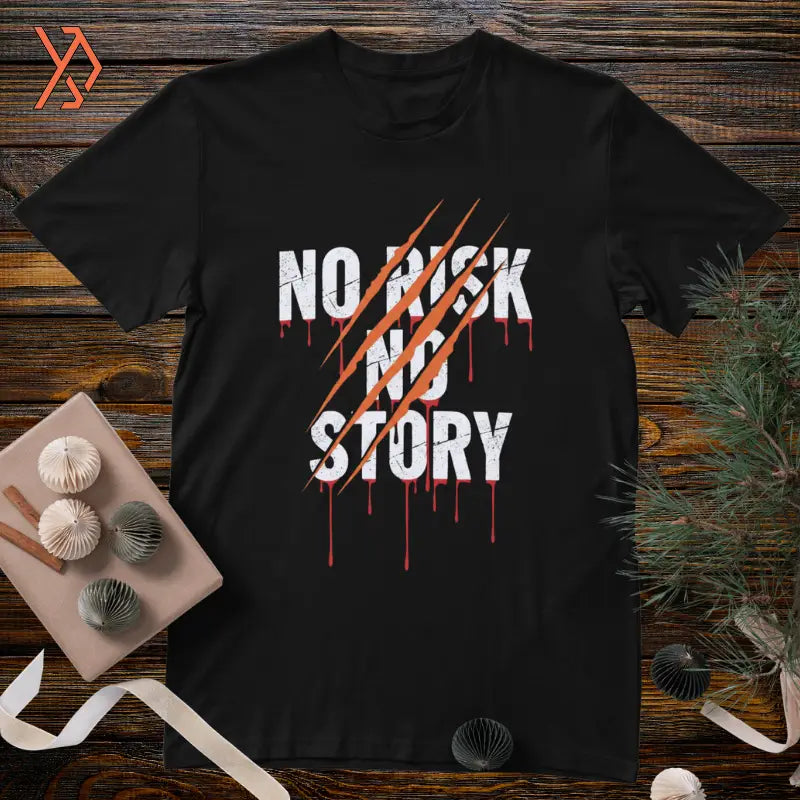 Black t-shirt with 'No Risk No Story' text with bear scratdesign on a wooden surface with decorative items. yourdora.pk