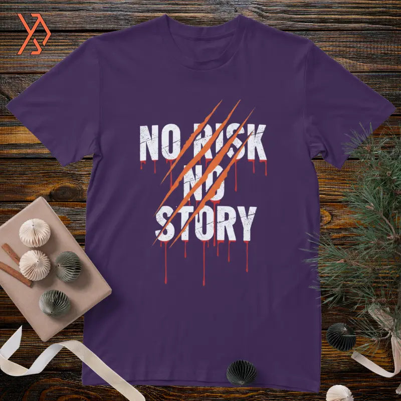 Purple t-shirt with 'No Risk No Story' text with bear scratdesign on a wooden surface with decorative items. yourdora.pk
