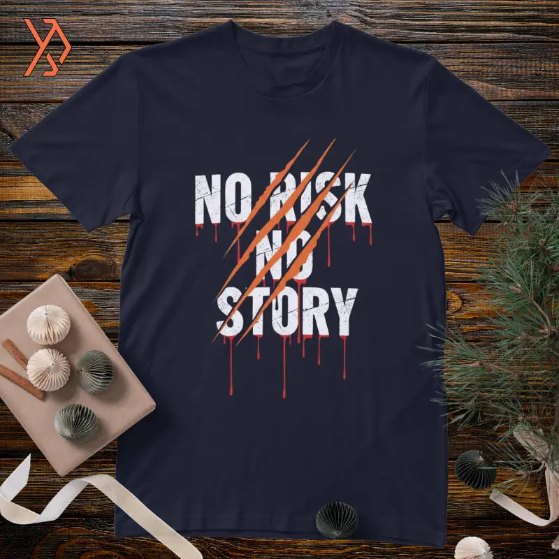 Navy t-shirt with 'No Risk No Story' text with bear scratdesign on a wooden surface with decorative items. yourdora.pk