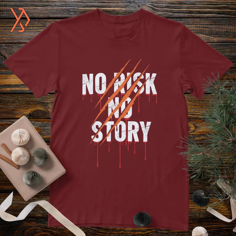 Maroon t-shirt with 'No Risk No Story' text with bear scratdesign on a wooden surface with decorative items. yourdora.pk