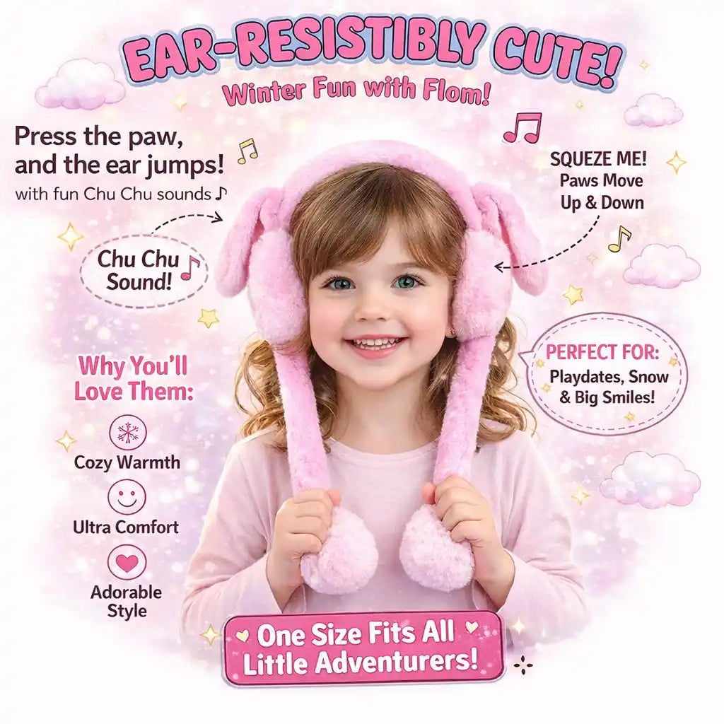 Child wearing Pink and Blue Gradient Moving Bunny Earmuffs for Kids.