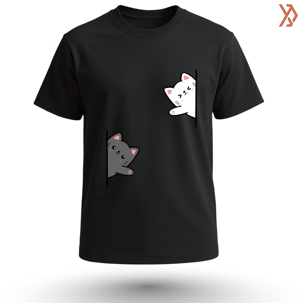 White and Grey Cat Sneaking Graphic T-Shirt – Cute Minimal Aesthetic Tee