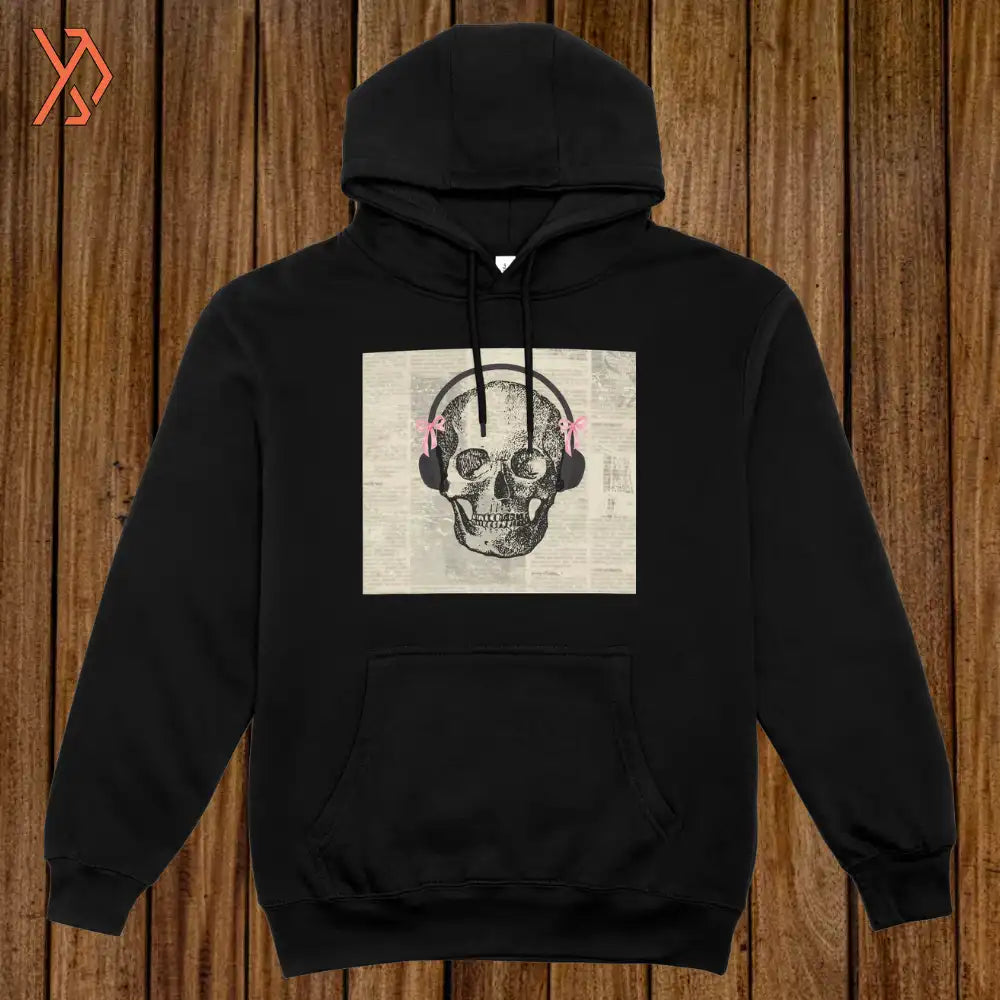 Skull with Headphones Retro Newsprint Hoodie