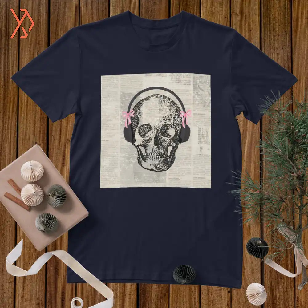 Skull with Headphones" Retro Newsprint T-Shirt
