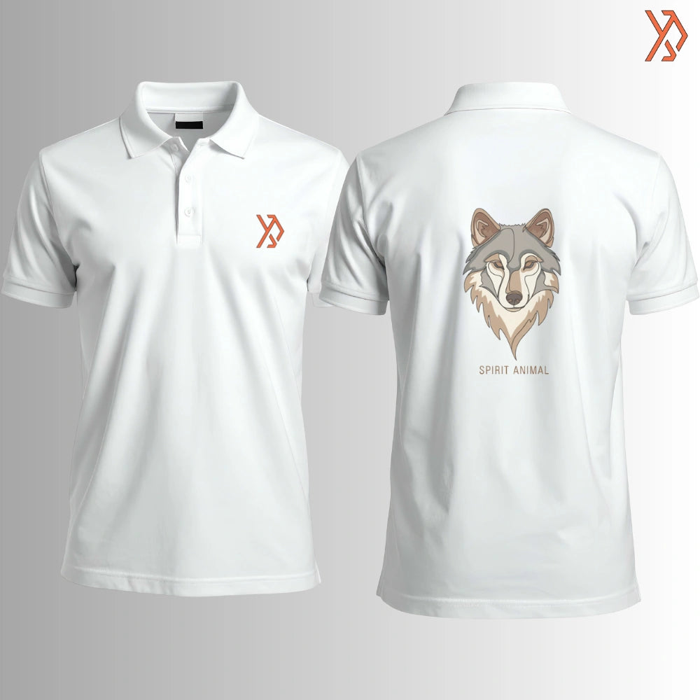 White polo shirt with Wolf Spirit Animal design and yourdora.pk logo on a gray background