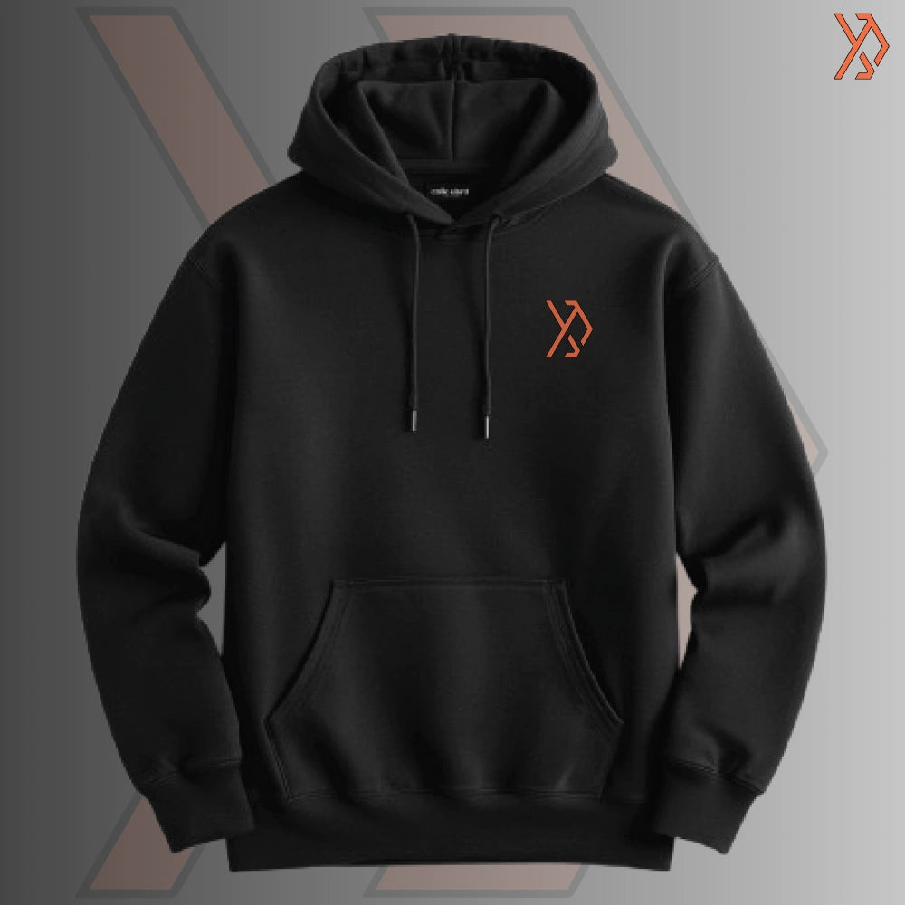 Black hoodie with an orange yourdora.pk logo on a gray background
